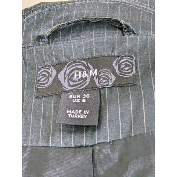 H&M One Button Blazer Womens 6 Gray Shiny Jacket Pinstripe Puff Sleeve Pockets - Picture 9 of 10